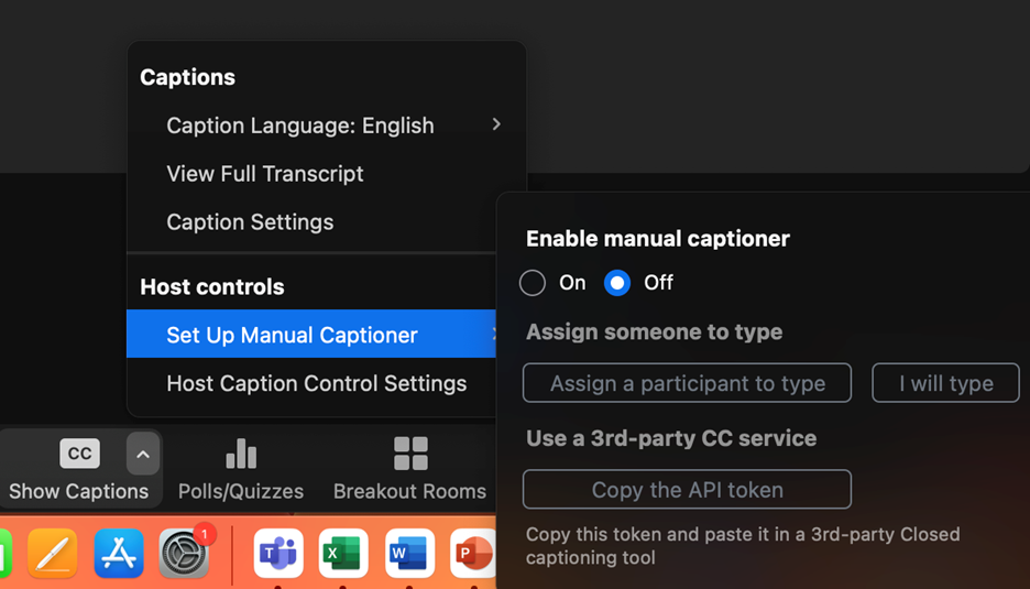 Zoom 'Set Up Manual Captioner' menu with options to enable manual captioning, assign a captioner, or use a third-party service.