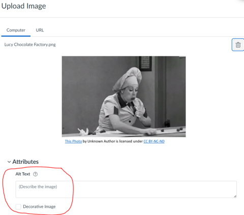 Uploading an image and adding alt text steps 1 and 2 as described.